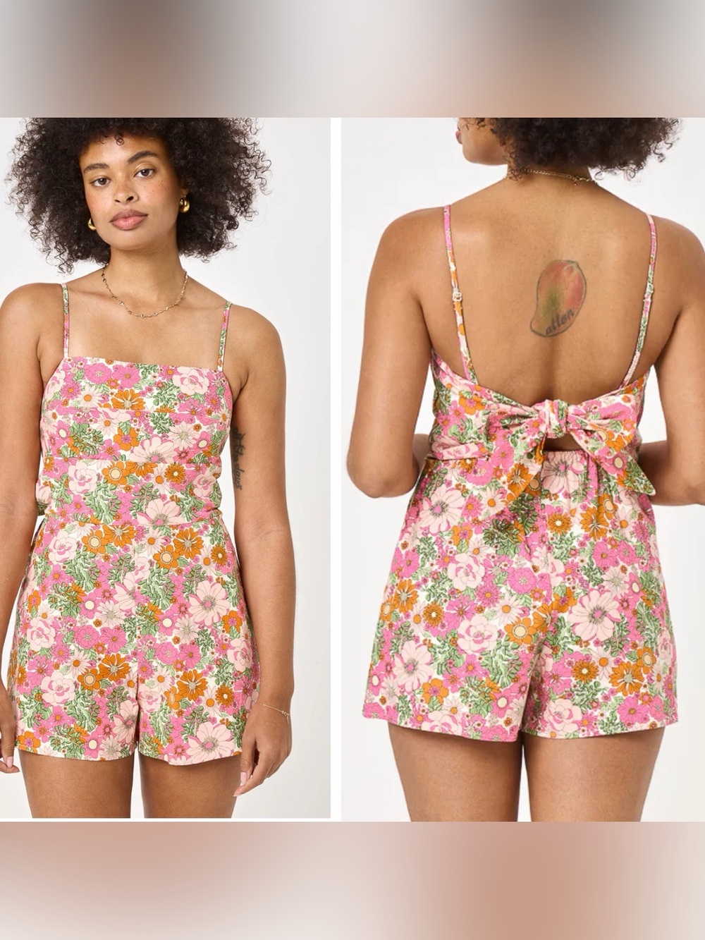 ROW A Multi color Floral Tank Romper Bow Back tie Cotton Denim size M